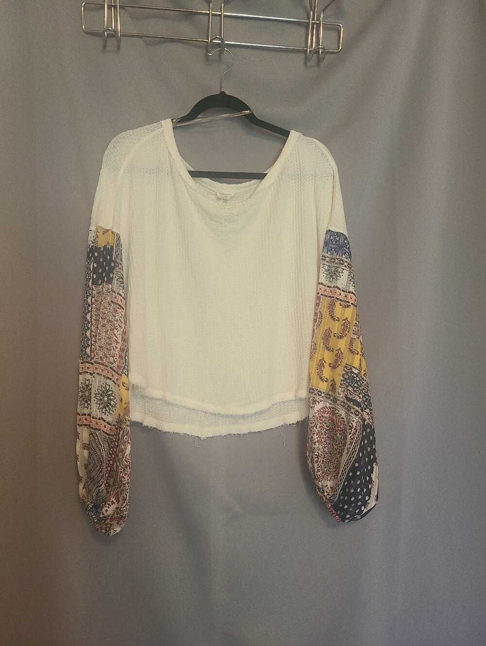 Bohemian Patchwork Long-Sleeve Women's Top - White with Multicolor Sleeves